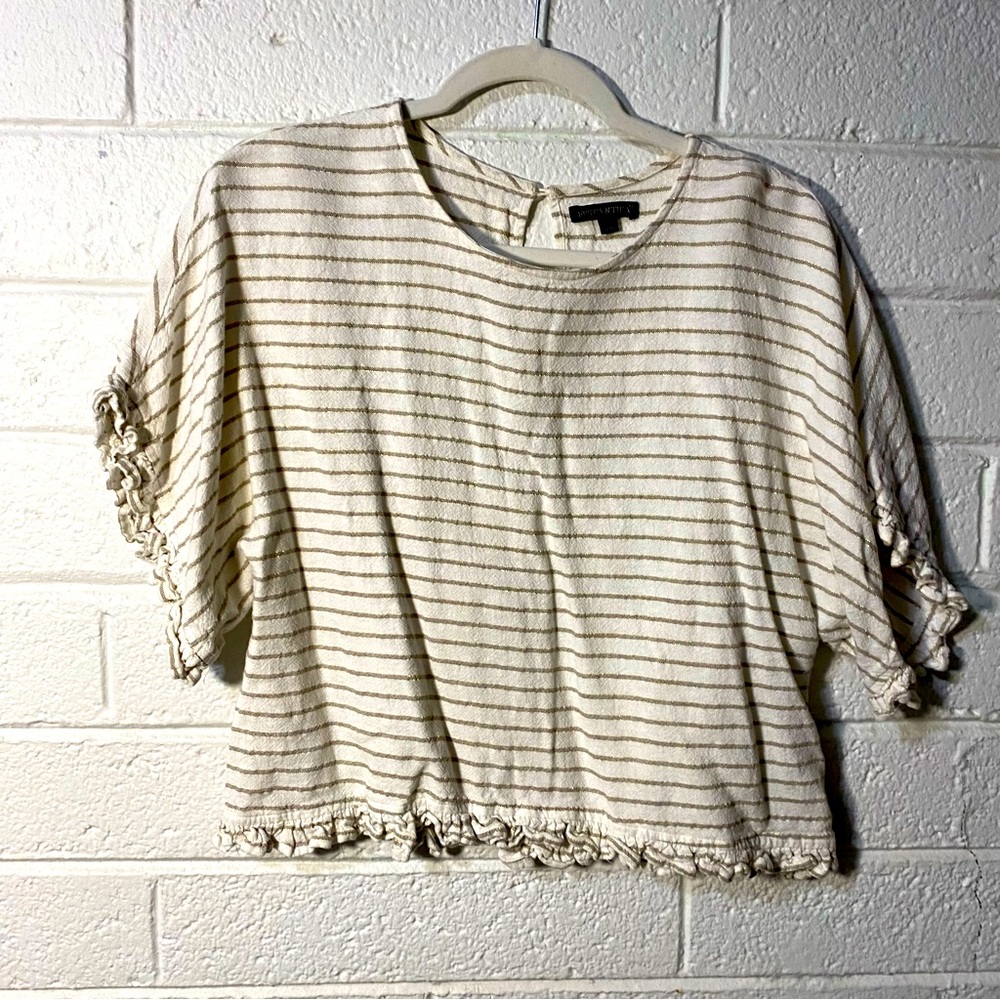 Linen Metallic Gold Striped Ruffled Hem Oversized Crop Loose Fit Blouse Shirt S